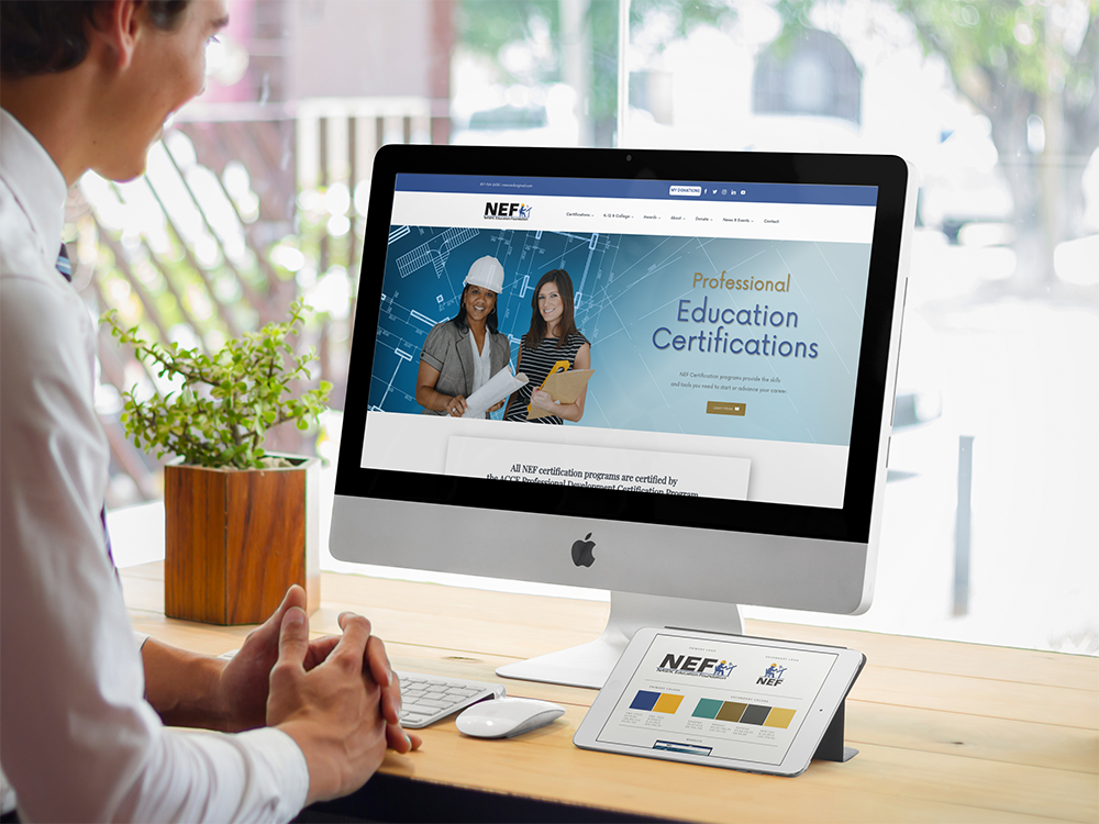 NEF - National Association of Women in Construction Education Foundation website and brand board being viewed on a computer and tablet.