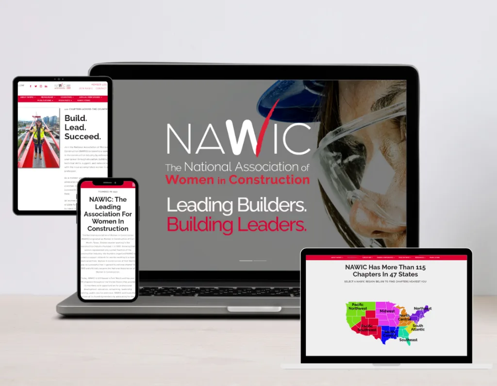 National Association of Women in Construction website displayed on multiple screens